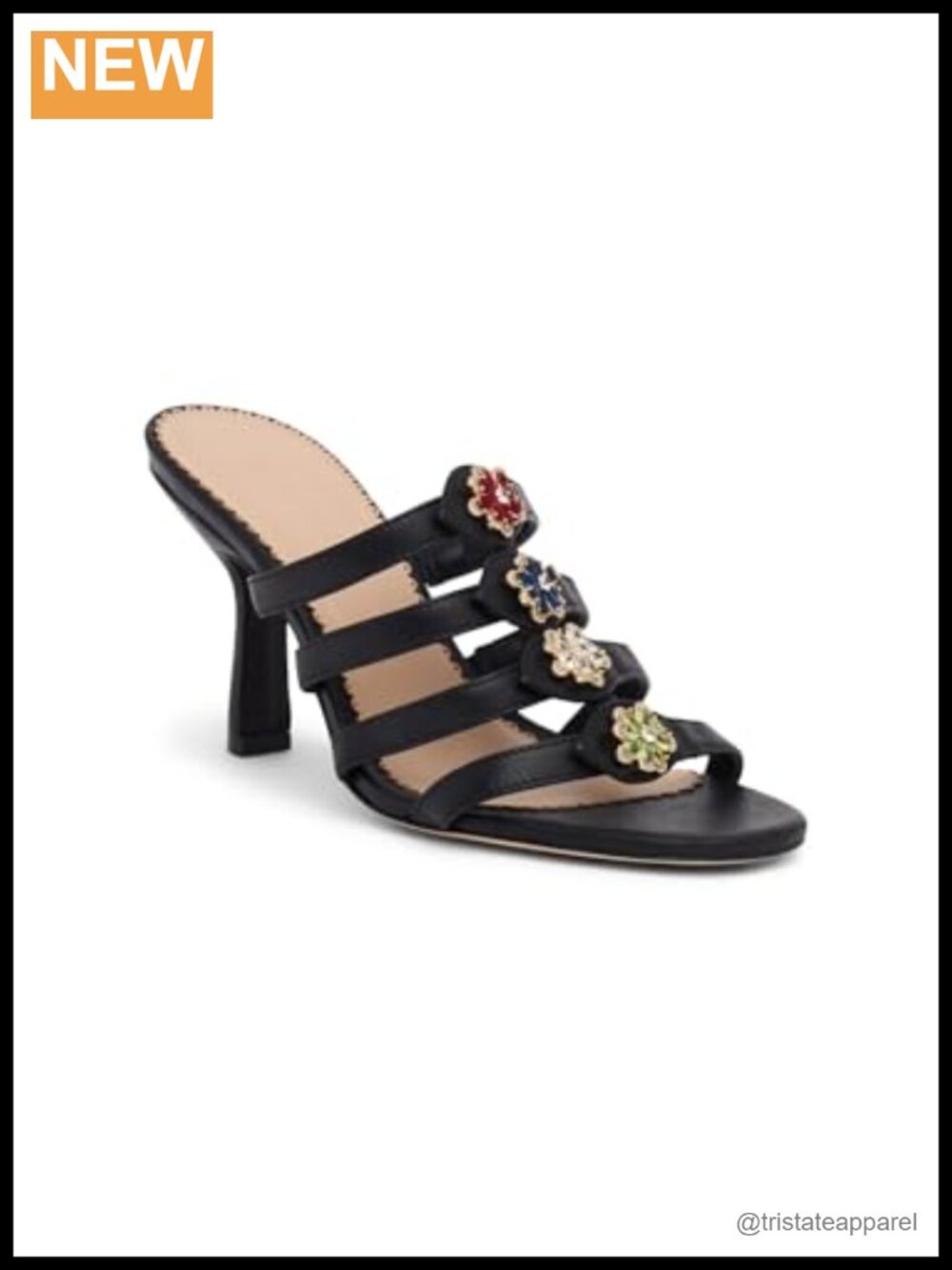 Crystal Flower Heeled Sandal Leather Stiletto Open Toe Slip On